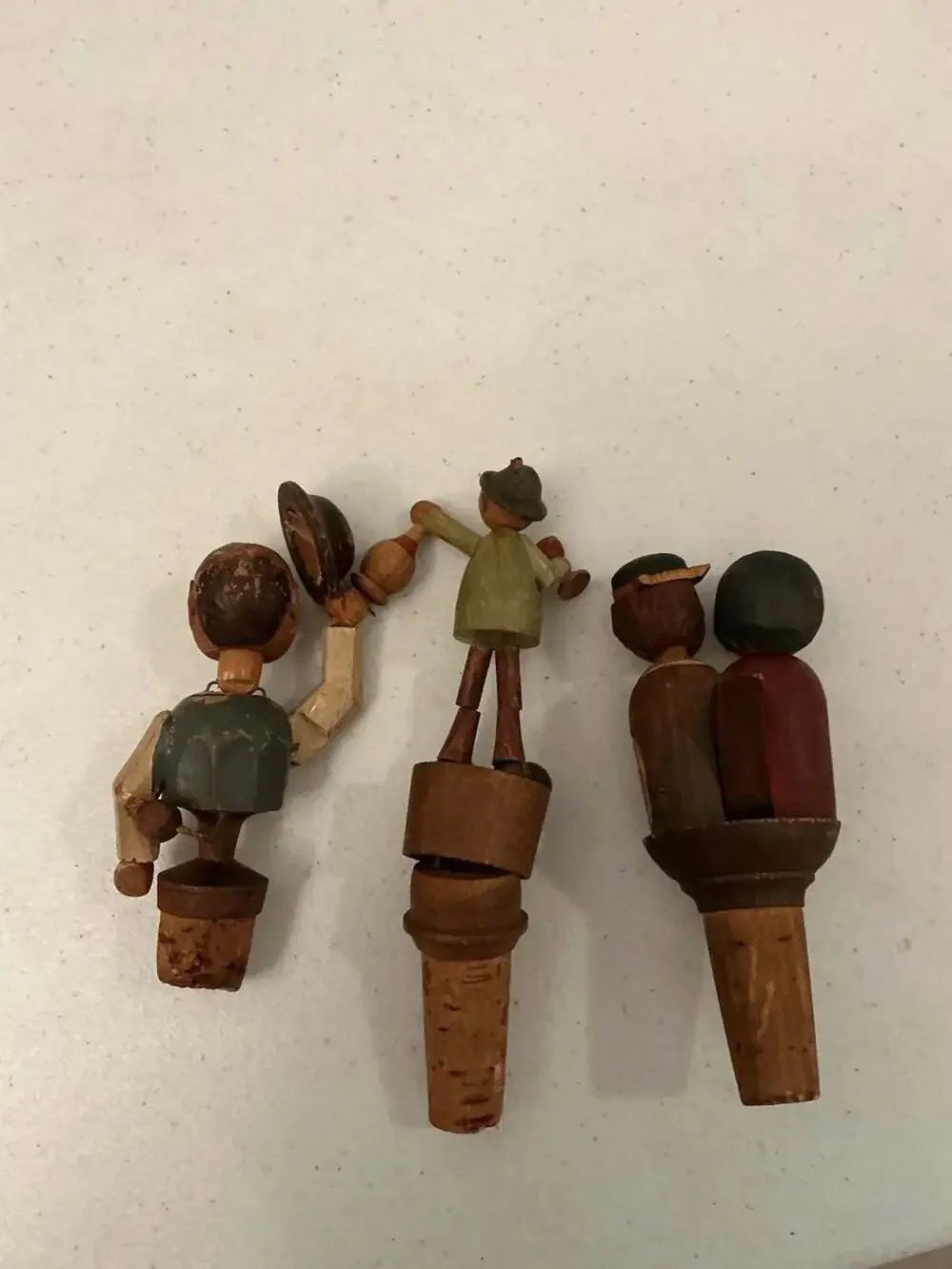 Set of 3 Vintage Hand Carved Mechanical Wooden Wine Bottle Stoppers